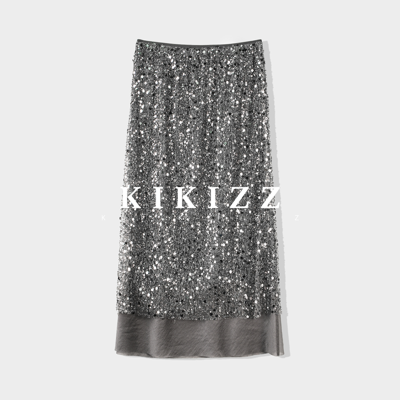 [Exclusive for Huhu] Gorgeous Sequined Skirt for Women, Mid-Length Silver Color, Elegant and Slimming, Ladylike Style Sequined Skirt