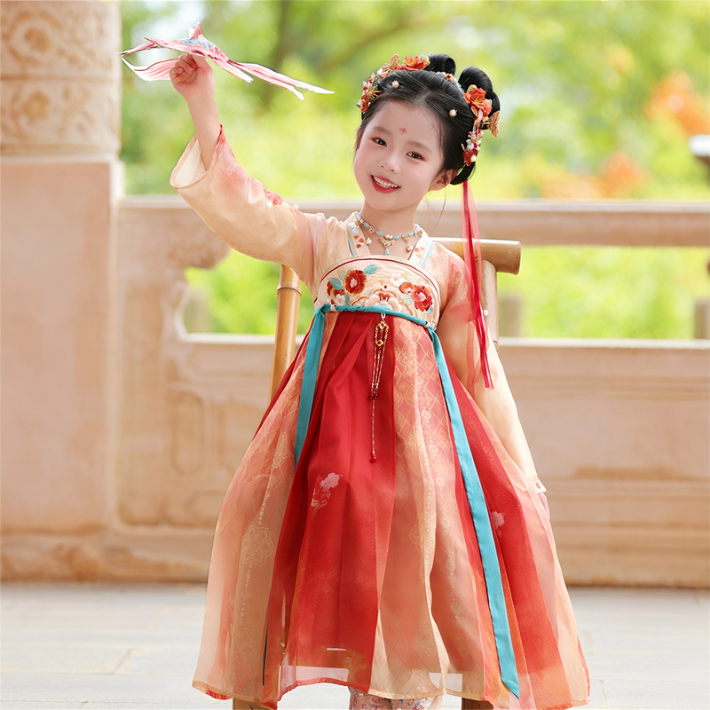 Han and Tang Style Girls' Spring and Autumn New Hanfu Long-Sleeved Embroidered Traditional Performance Clothing Classical Dance Costume Ancient Style Tang Suit Han and Tang Style Girls' Spring and Autumn New Hanfu Long-Sleeved Embroidered Traditional Performance Clothing Classical Dance Costume Ancient Style Tang Suit