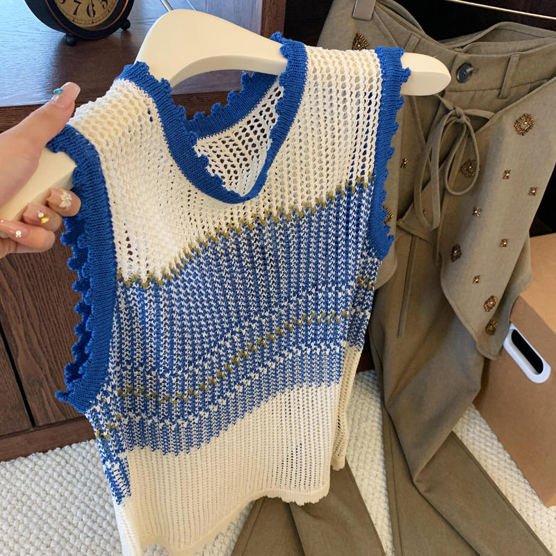 Korean Style Lazy Style Contrasting Color Striped Hollow Sleeveless Knitted Vest for Women Summer New Loose and Versatile Slimming Top Korean Style Lazy Style Contrasting Color Striped Hollow Sleeveless Knitted Vest for Women Summer New Loose and Versatile Slimming Top