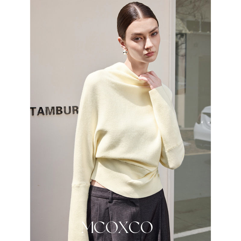 Mcoxco French Minimalist Batwing Sleeve Waist-Cinching Slimming Sweater for Women, Versatile Half-High Collar Long-Sleeve Top for Layering