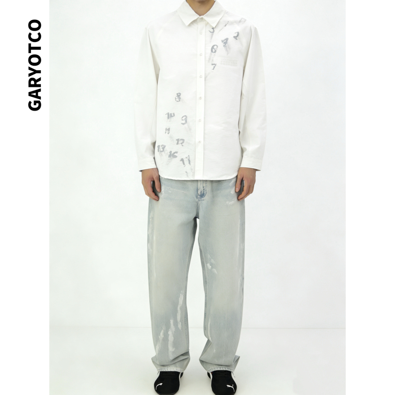 Garyotco American-Style Light-Colored Washed Hand-Painted Graffiti Jeans Casual Versatile Straight-Leg Pants