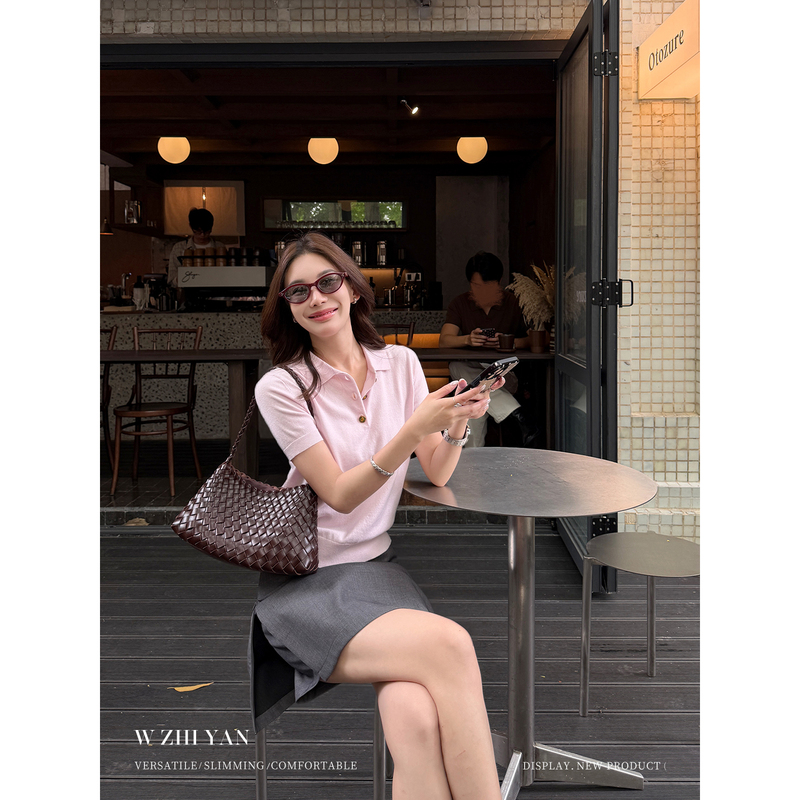 Wang Zhiyan's Gentle and Slimming Pink Short-Sleeved Polo Shirt for Women, Summer Thin Casual Versatile Knit Top Wang Zhiyan's Gentle and Slimming Pink Short-Sleeved Polo Shirt for Women, Summer Thin Casual Versatile Knit Top