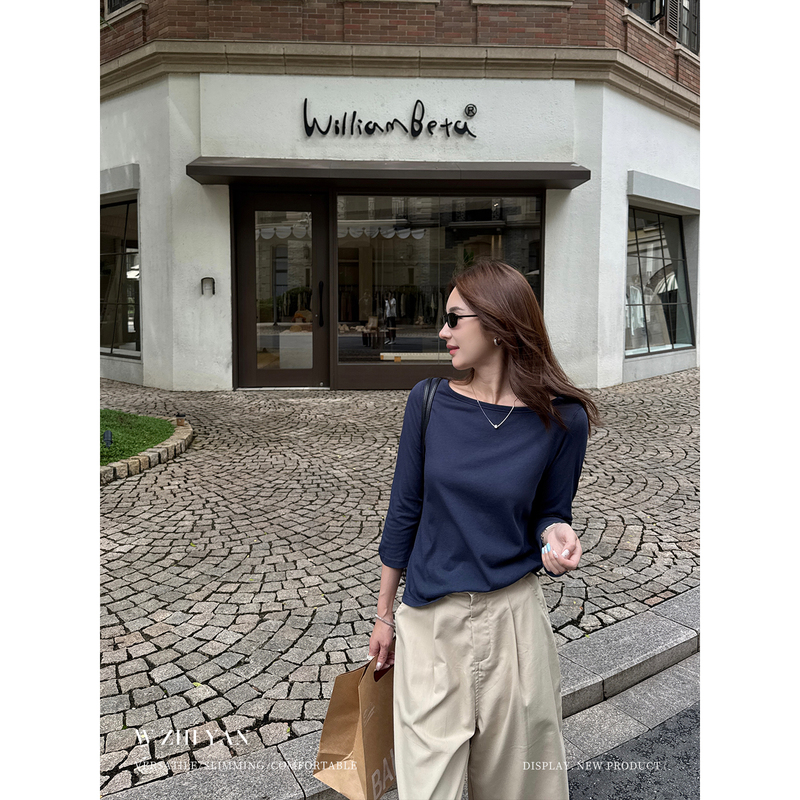 Wang Zhiyan French Retro Off-Shoulder Boat Neck Three-Quarter Sleeve T-Shirt for Women, Early Autumn Slimming Versatile High-End Simple Top Wang Zhiyan French Retro Off-Shoulder Boat Neck Three-Quarter Sleeve T-Shirt for Women, Early Autumn Slimming Versatile High-End Simple Top