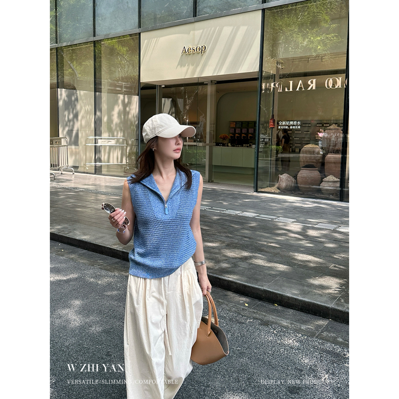 Wang Zhiyan Old Money Style Design Hollow Out Half-Zip Knitted Vest for Women Summer Casual Versatile Sleeveless Top Wang Zhiyan Old Money Style Design Hollow Out Half-Zip Knitted Vest for Women Summer Casual Versatile Sleeveless Top