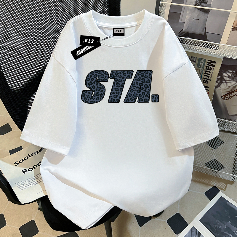 Sta Flagship Store American Trendy Brand Leopard Print Heavyweight Pure Cotton Short-Sleeved T-Shirt for Men and Women New Summer Loose Top