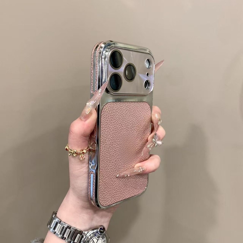 ins New Model Lychee Leather Texture Suitable for Apple 17 Pro Max Phone Case with Laser Large Window Lens Film iPhone 16 Pro Max High-End Feel 15/14 Women's Model 13 Anti-Drop High-Value Protective Case