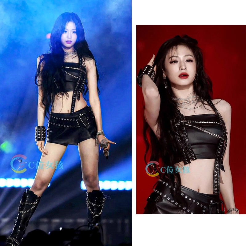 Kpop Girl Group Stage Outfit, Jeong Yaxian's Same Style Performance Outfit, Black Leather Bar Gogo Girl Suit Dance Costume