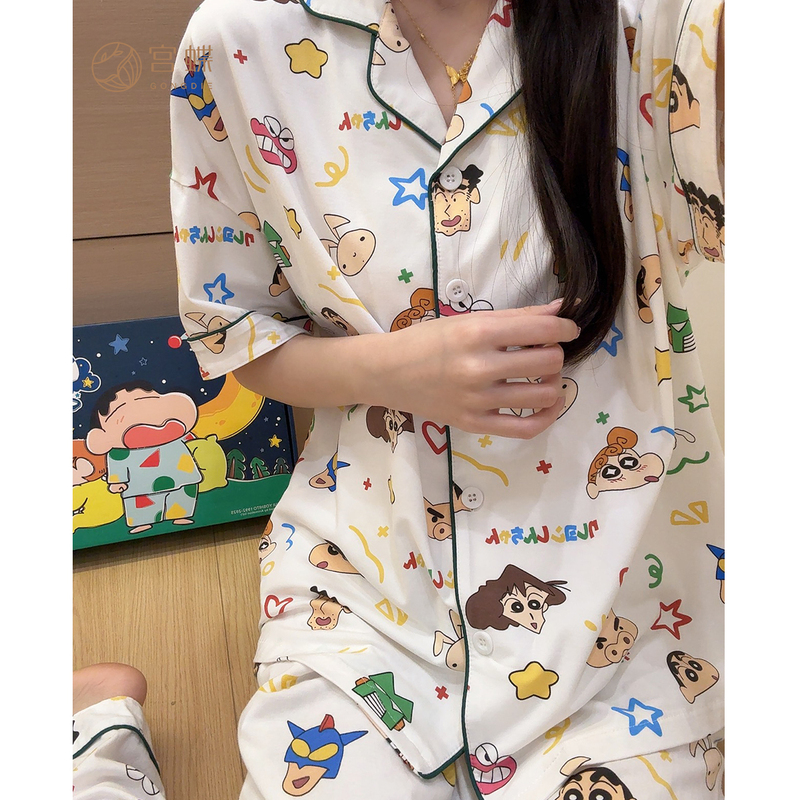 Gongdie [3-Piece Set] Crayon Shin-Chan Couple Pajamas Summer Short-Sleeved Long Pants Pure Cotton Home Wear Unisex