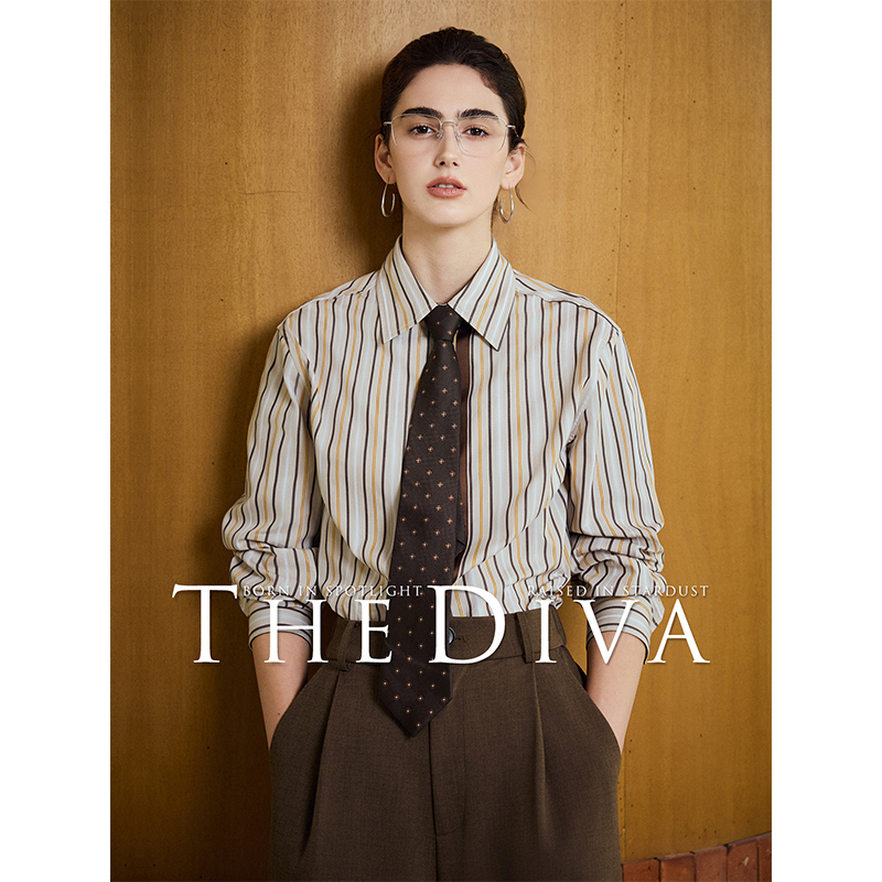 The Diva/Xinjiang Long-Staple Cotton "Retro Oatmeal Apricot" Stylish Striped Shirt Classic Color-Blocked Shirt