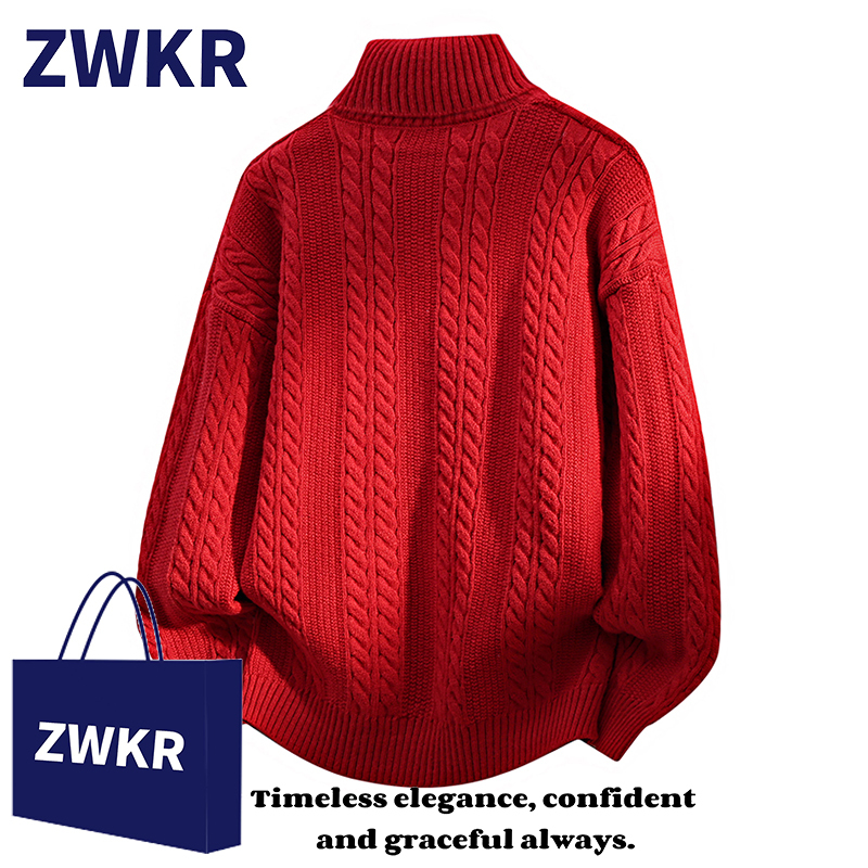 Bright Red High-Neck Sweater for Teenagers in the Year of the Horse, Men's Lazy Style Christmas and New Year Couple's Knitwear