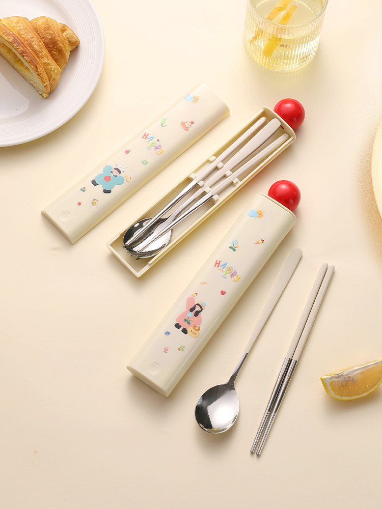 Food-Grade 304 Spoon and Chopstick Set Portable Cutlery Cute Cutlery Set Student Children Portable Cutlery Box