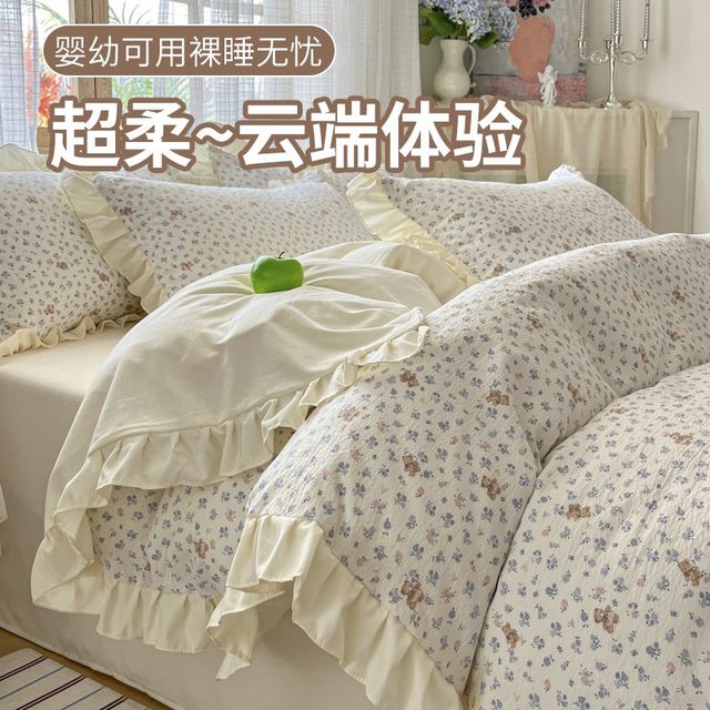 2025 new skin-friendly wash cotton bed four-piece set French bed sheet quilt cover student dormitory three-piece set spring and summer
