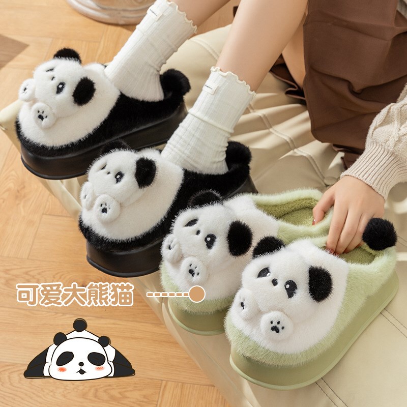 Women's Winter Cotton Slippers, Versatile Panda Design, Thick Plush, Warm, Suitable for Indoor and Outdoor Use, Thick-Soled, Height-Increasing, Closed-Back Home Cotton Shoes
