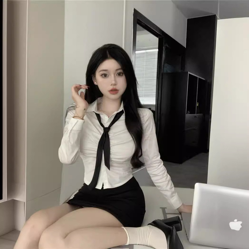 Purely Sexy White Long-Sleeved Shirt, Black Hip-Hugging Skirt, Tie Set, Internet Celebrity Hot Girl Foot Bath Uniform Purely Sexy White Long-Sleeved Shirt, Black Hip-Hugging Skirt, Tie Set, Internet Celebrity Hot Girl Foot Bath Uniform