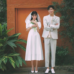 프랑스 라이트 웨딩 드레스 새틴 드레스 등록 흰색 치마 흰색 간단한 약혼 여행 매일 드레스