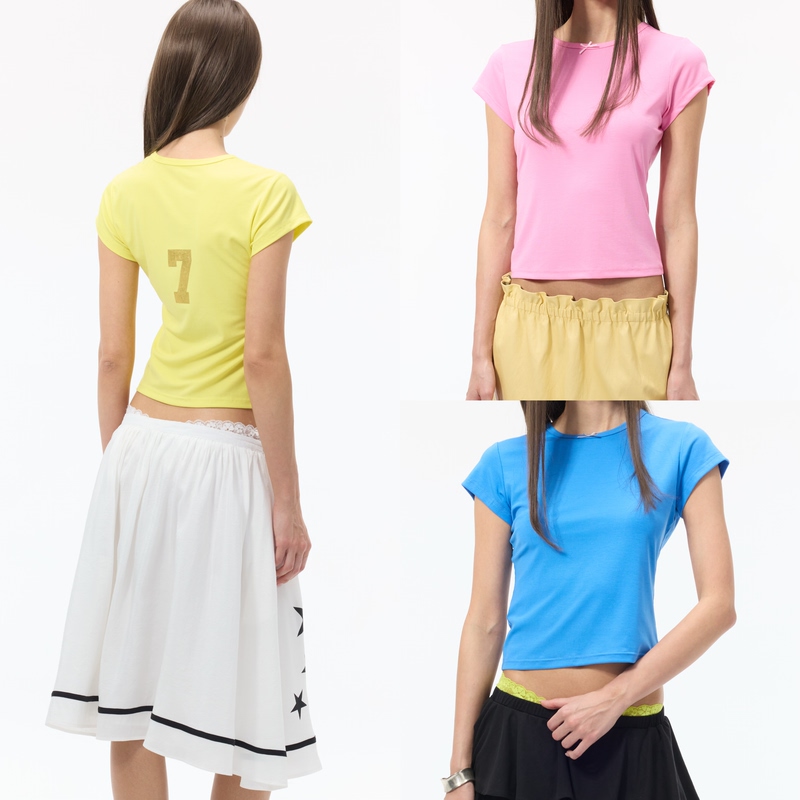 Sshy “Comfy” Lucky Number 7 Gold and Silver Foil Bowknot Tencel Short-Sleeve T-Shirt Yellow/Blue/Pink Sshy “Comfy” Lucky Number 7 Gold and Silver Foil Bowknot Tencel Short-Sleeve T-Shirt Yellow/Blue/Pink