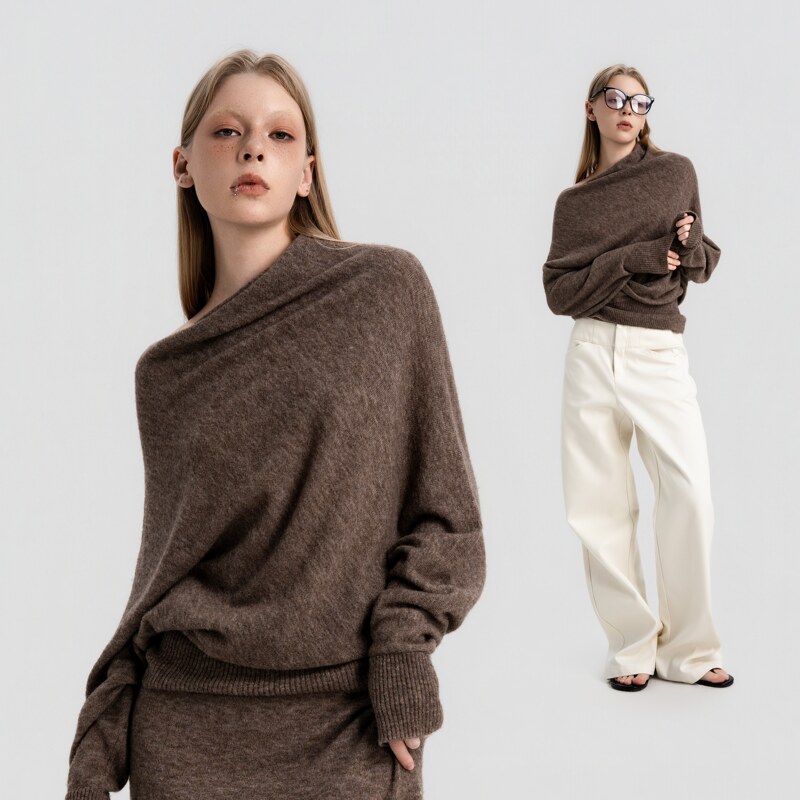 Aolo Mist Brown Deconstructed Stacked Collar Sweater for Women, with a Lazy and Relaxed Feel, Irregular Draped Collar, Soft and Flowy Knit Top Aolo Mist Brown Deconstructed Stacked Collar Sweater for Women, with a Lazy and Relaxed Feel, Irregular Draped Collar, Soft and Flowy Knit Top