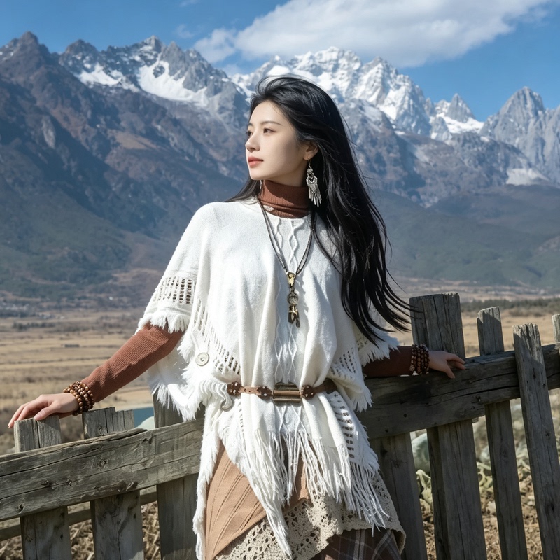 White Forest-Style Cape Shawl Versatile Tassel Sweater Knitwear for Grassland Travel Bohemian Cape Scarf for Women