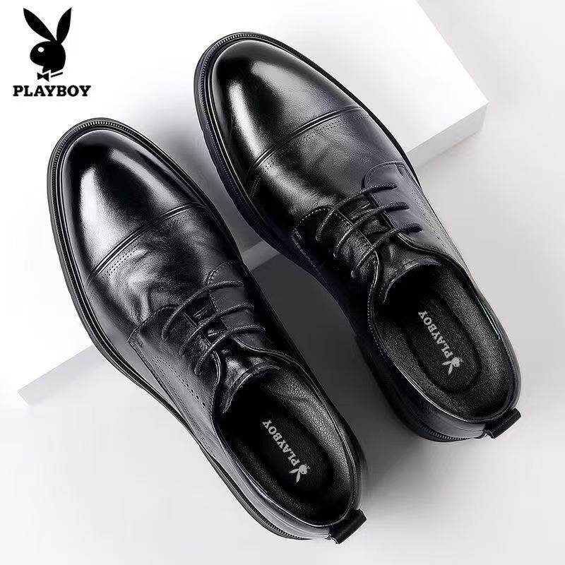 Playboy Men's Leather Shoes 2026 New Business Formal Derby Shoes Men's Genuine Leather Height-Increasing Groom Wedding Shoes