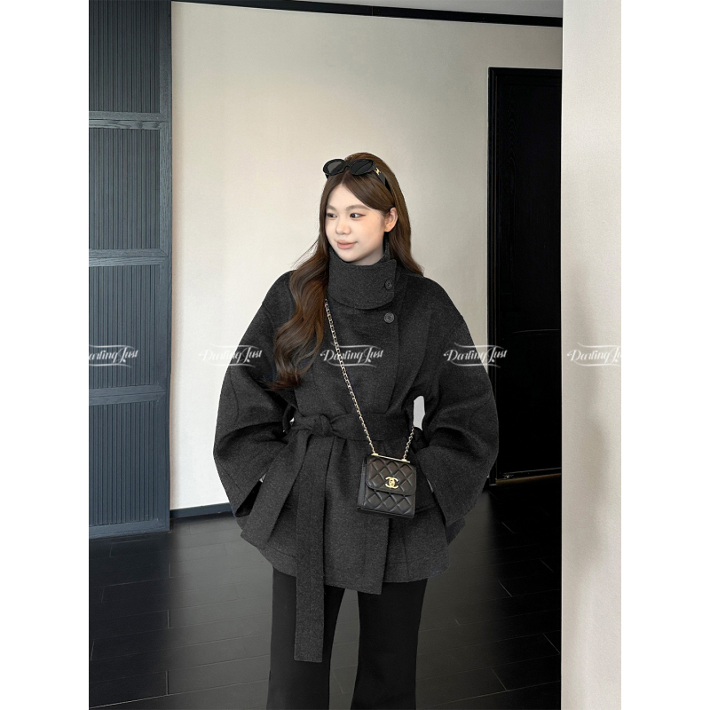 Darlingjust [Berlin Coat] Stand Collar Wool Coat Women's Waist-Cinching Short Woolen Jacket