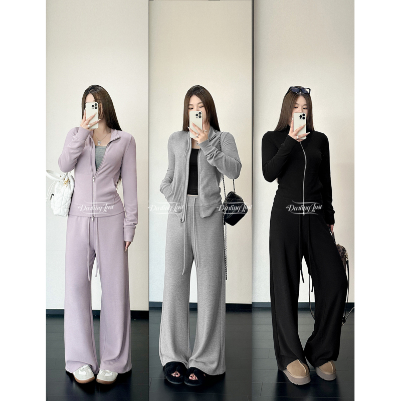 Darlingjust Xiaoyedundun [Slim Fit Set] German Velvet Stand Collar Sweatshirt with Fleece and Draped Glutinous Rice Pants Set