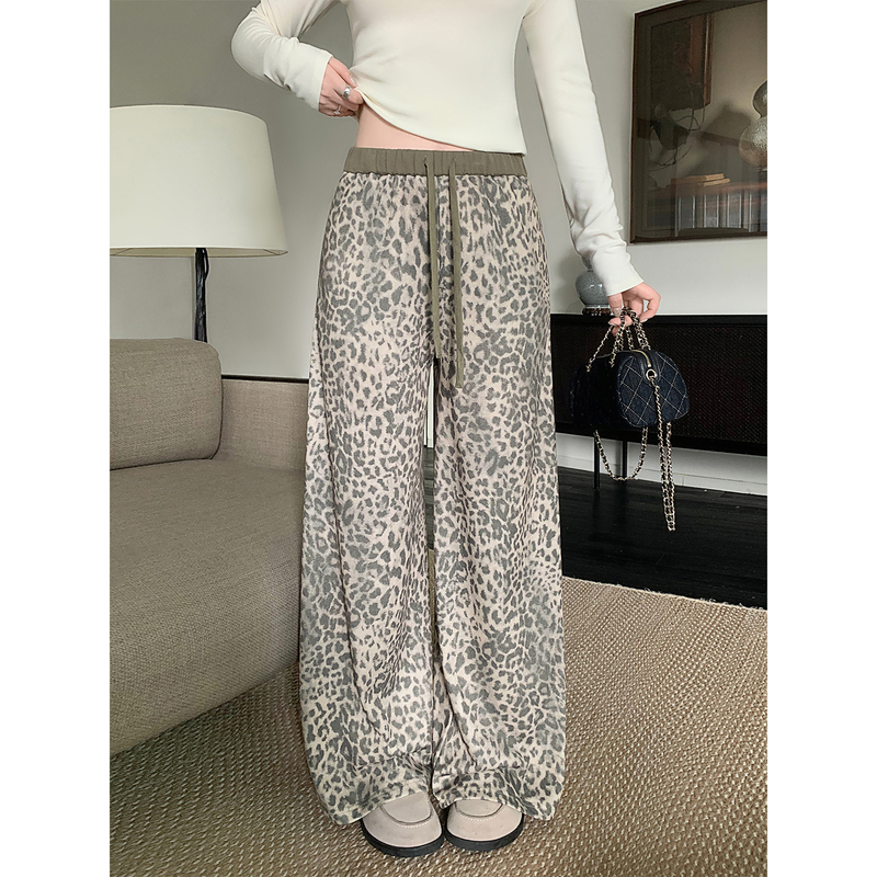Darlingjust Little Wildcat [Misty Beauty Leopard] Patchwork Leopard Print Jeans Women's Straight Casual Wide-Leg Pants
