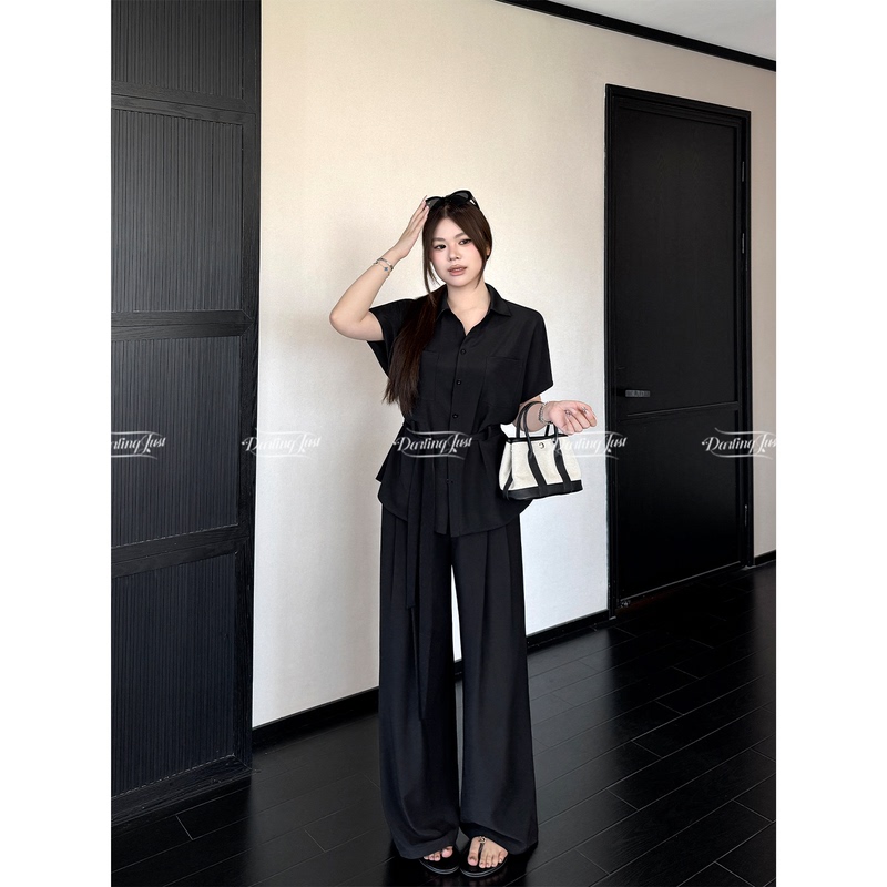 Darlingjust Xiaoyedundun [Slow and Casual] Waist-Cinching Top and Straight-Leg Wide-Leg Casual Pants Set for Women, Summer