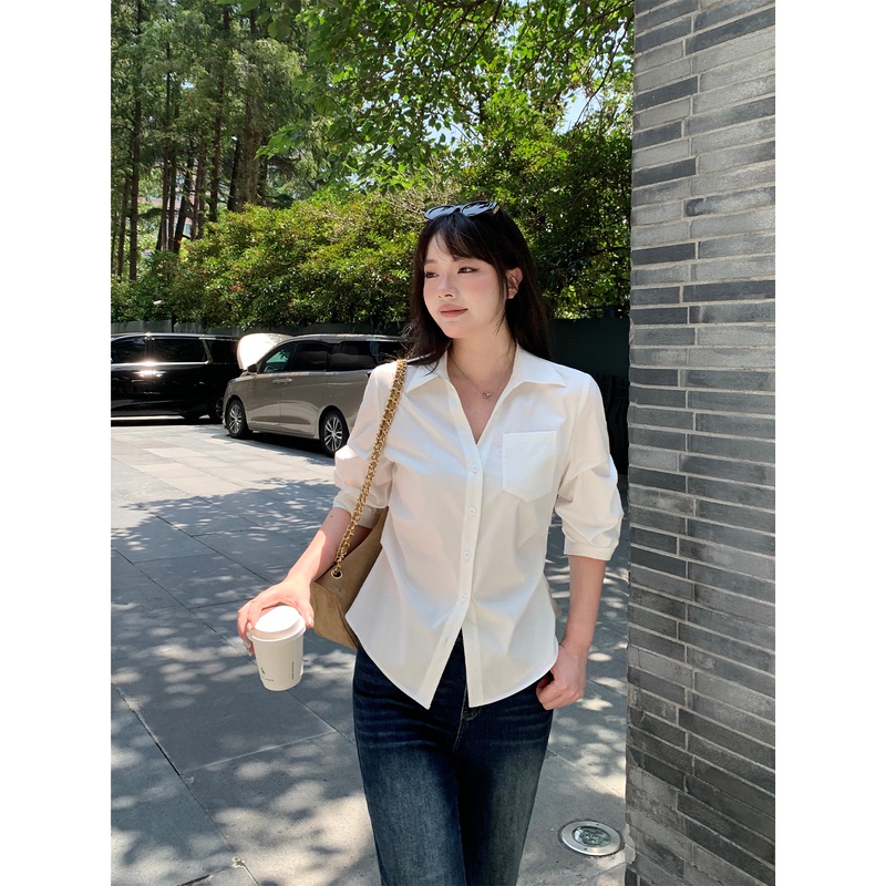 Darlingjust Xiaoyedundun [Ideal Shirt] White Shirt Top for Women, Minimalist Commuting Versatile Shirt