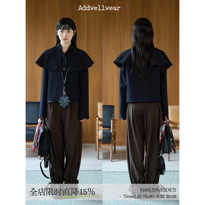 Aww Detachable Cape Blazer·Cape Design Small Round Neck Jacket Navy Blue Textured Autumn and Winter Top