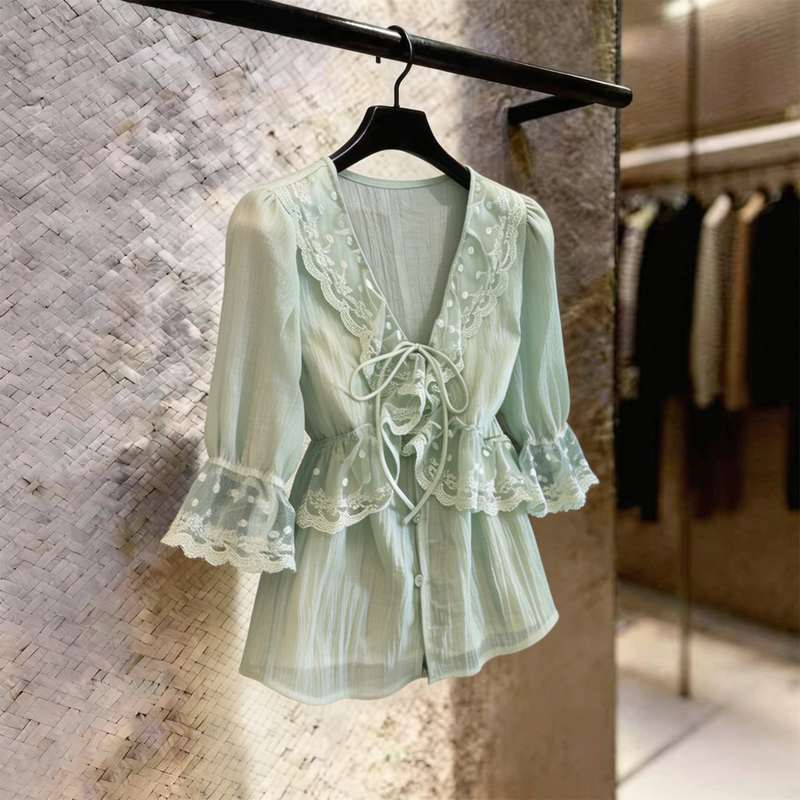 Korean-Style Mint Green Puff Sleeve V-Neck Chiffon Shirt for Women, New Summer Lace-Up Top with a Sense of Design
