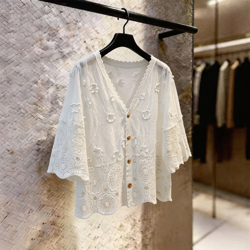 Off-White V-Neck Hollow Lace Cardigan for Women, New Summer Style, Loose Fit, Slimming Embroidered Short-Sleeve Top, Plus-Size Women's Clothing Off-White V-Neck Hollow Lace Cardigan for Women, New Summer Style, Loose Fit, Slimming Embroidered Short-Sleeve Top, Plus-Size Women's Clothing