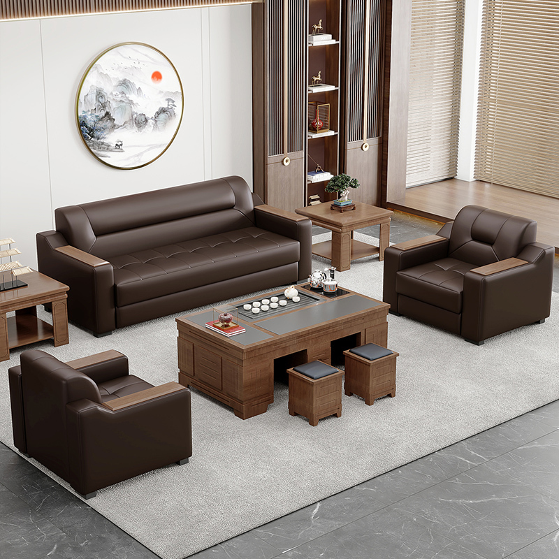 New Style Chinese-Style Office Sofa, Business Simple Reception and Meeting Sofa, Three-Seater Coffee Table Combination, Genuine Leather