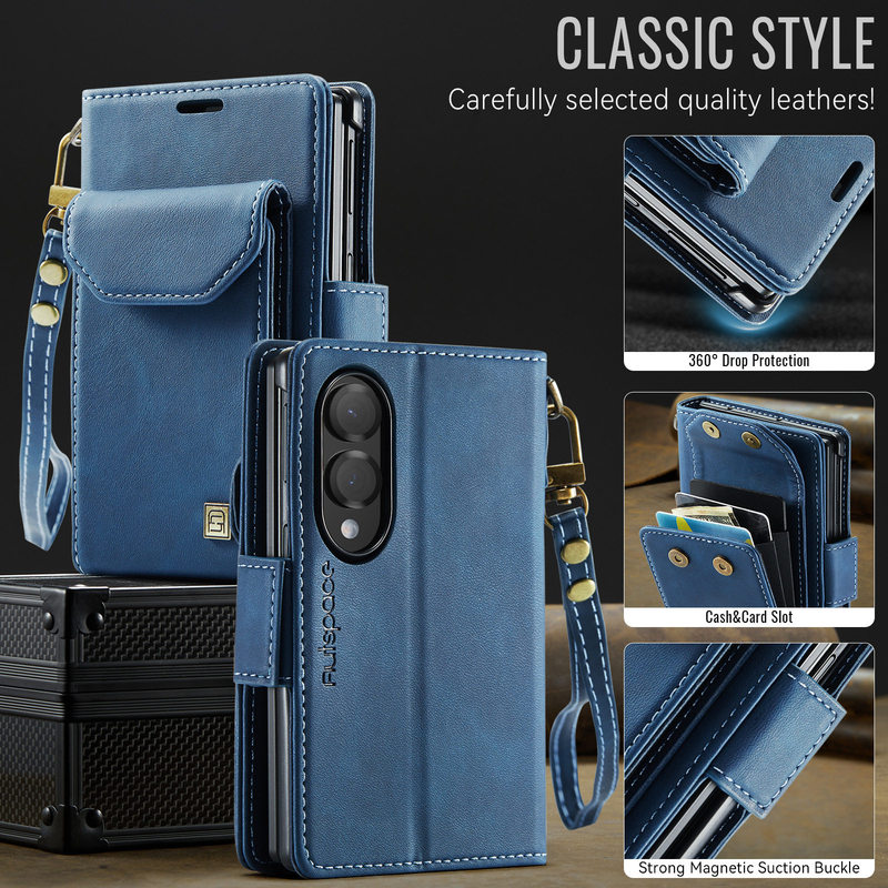 Flip-Style Accordion Card Holder Suitable for Samsung Z Fold 8 Phone Case, Z Fold 8 Ultra First-Layer Cowhide, Z Fold 7 Wrist Strap, W26 Simple Business Style, Z Fold 6 Creative Niche Design, W25 Leather Case