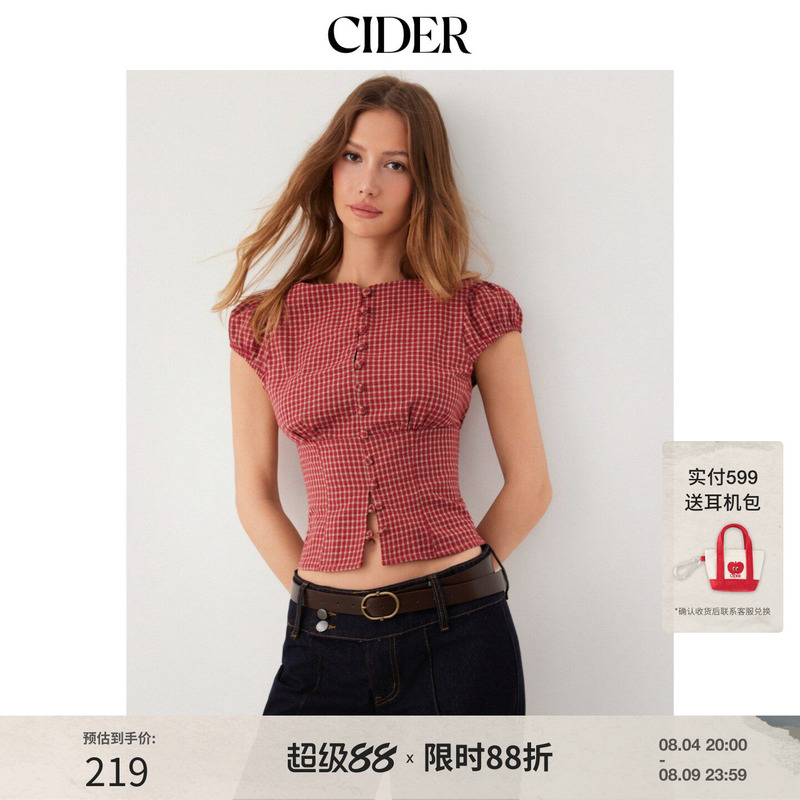 [Celebrity Style] Cider2026 Spring New Arrival Red Plaid Square Neck Puff Sleeve Short Top 115167838