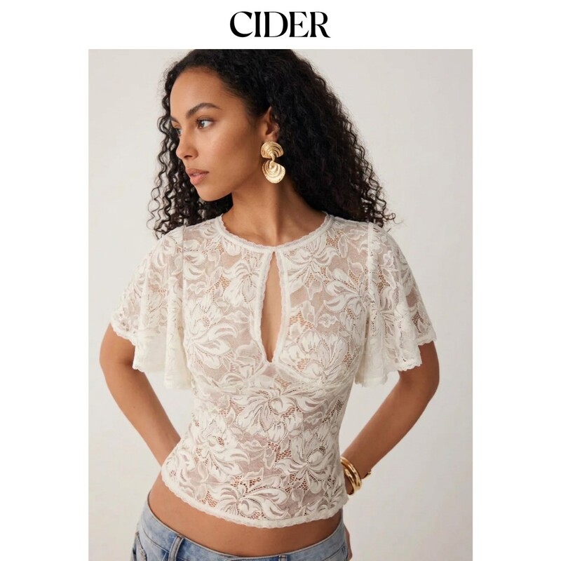 Cider2026 Summer New Floral Cut-Out Bell Sleeve Top 115479863