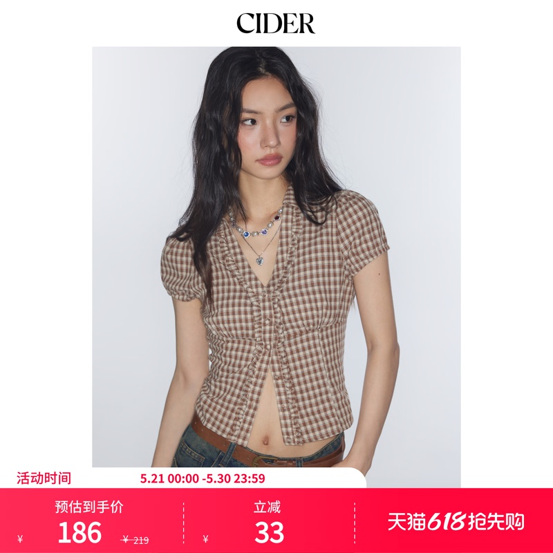 [Celebrity Style] Cidermiu V-Neck Plaid Waist-Tightening College Style Short-Sleeve Shirt 113883862