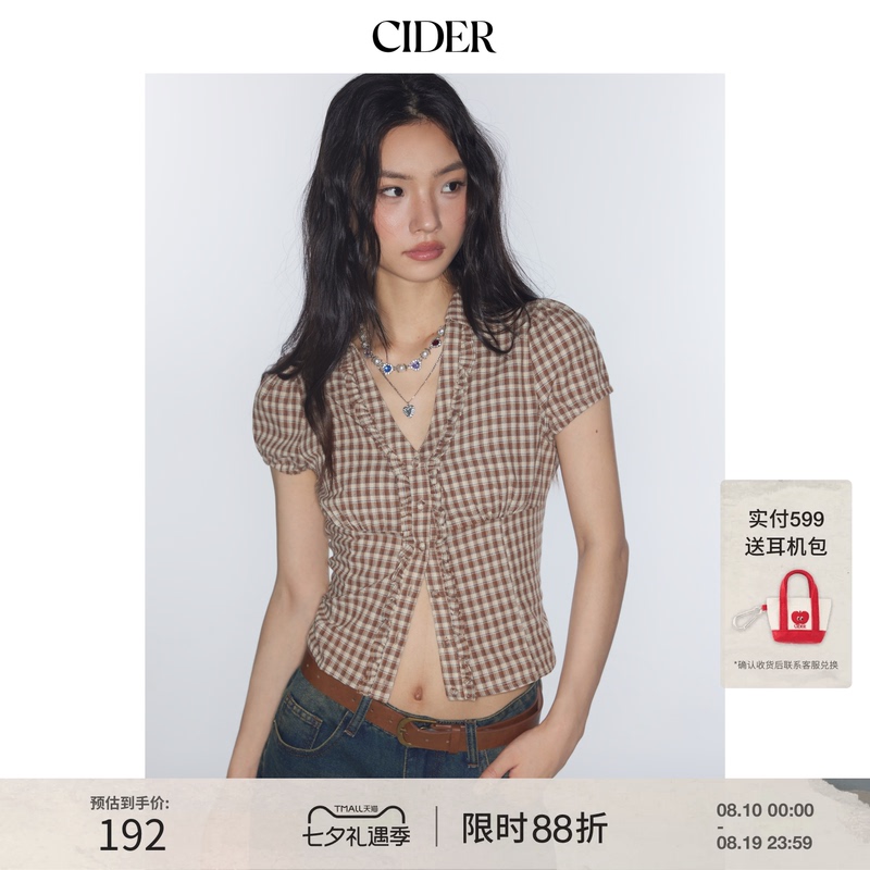 [Celebrity Style] Cidermiu V-Neck Plaid Waist-Tightening College Style Short-Sleeve Shirt 113883862