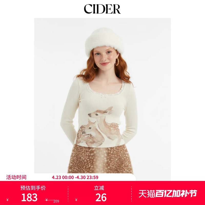 Cider Urban Nomadic Style Base Shirt Women's Printed Round Neck Lace Trim Bow T-Shirt 114820710