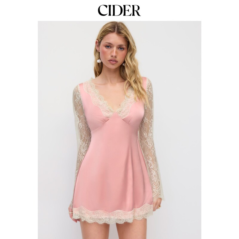 Cider2026 Autumn New Satin V-Neck Lace Trim Long Sleeve Mini Dress 115654213