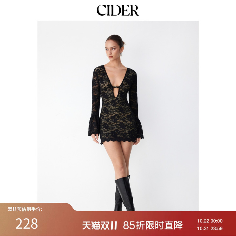 Cider Lace V-Neck Ruffled Sleeves Metal Details Tight Mini Dress 115613041
