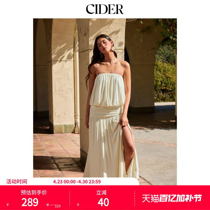 Cider2026 Spring New Product, Drapey Strapless Pleated Slit Long Dress with Large Hem 115388142