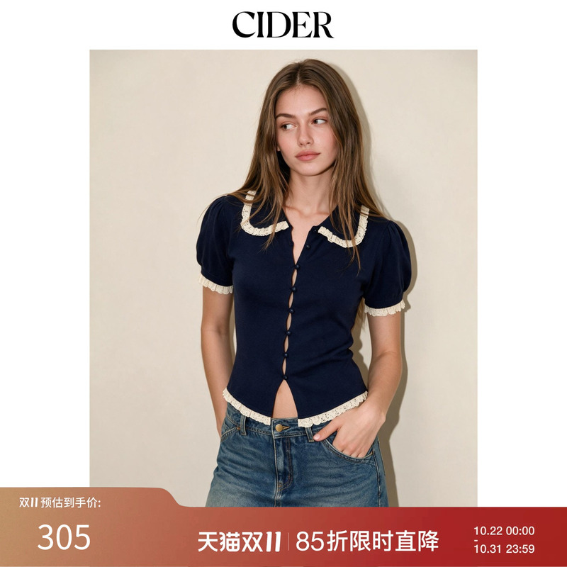 Cider2026 Autumn New Knitted Peter Pan Collar Lace Trim Puff Short Sleeve Top 115533495