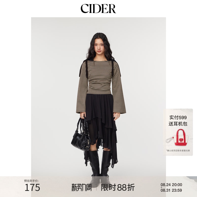 Cider Plaid Bow Pleated Design Flared Long-Sleeve Slim-Fit Versatile Shirt 113922543