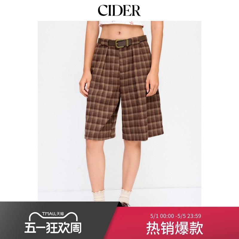 Cider Spring and Autumn Women's Plaid Mid-Waist Bermuda Pleated Belt Shorts 114744641