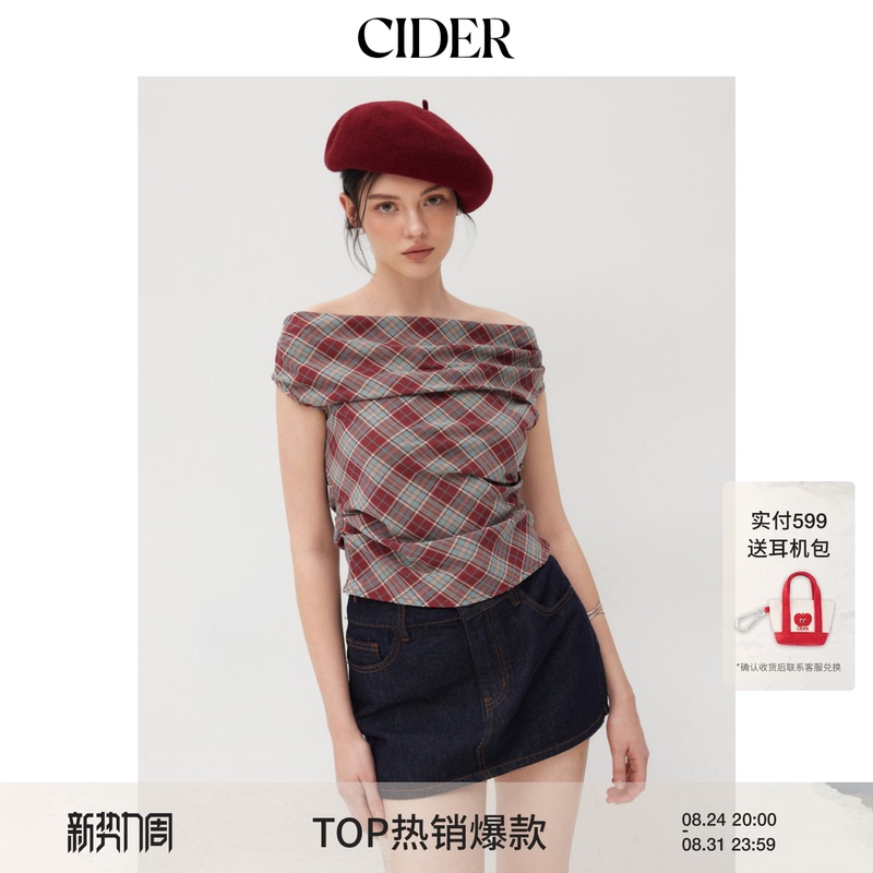 [Celebrity Style] Cider Authentic One-Shoulder Plaid Short-Sleeve American Retro Plaid Top 113981213