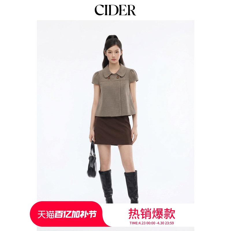 Cider Peter Pan Collar Jacket Plaid Shirt Retro Polka Dot Lapel Plaid Short-Sleeved Top 114740919