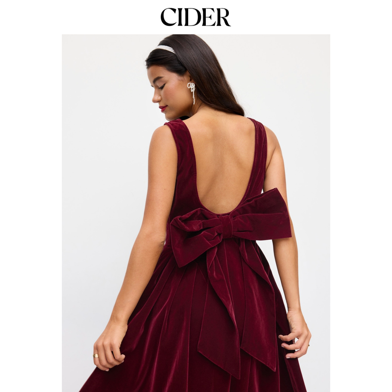 Cider Velvet Boat Neck Bow Backless Mid-Length Dress 114013666 Cider Velvet Boat Neck Bow Backless Mid-Length Dress 114013666