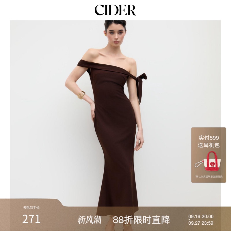 Ciderchic Elegant Off-Shoulder Bow One-Shoulder Long Waist-Cinching Dress 114444307