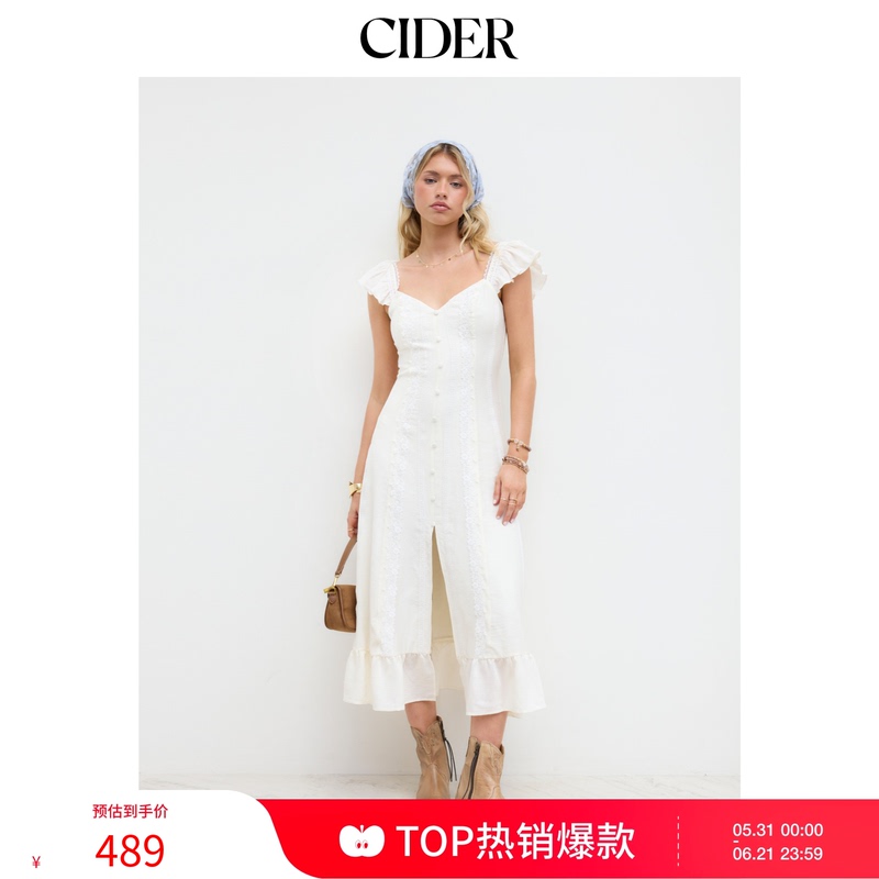 Cider Graduation Season Outfit｜Sweet Heart-Shaped Collar Applique Slit Ruffle Mid-Length Dress 114572444
