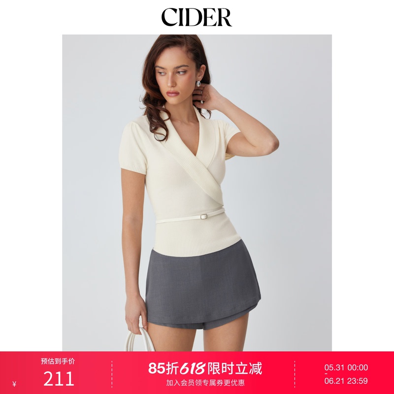 Cider2026 Spring New Product Knitted V Neck Wrap Short-Sleeved Lace-Up Top 115281940